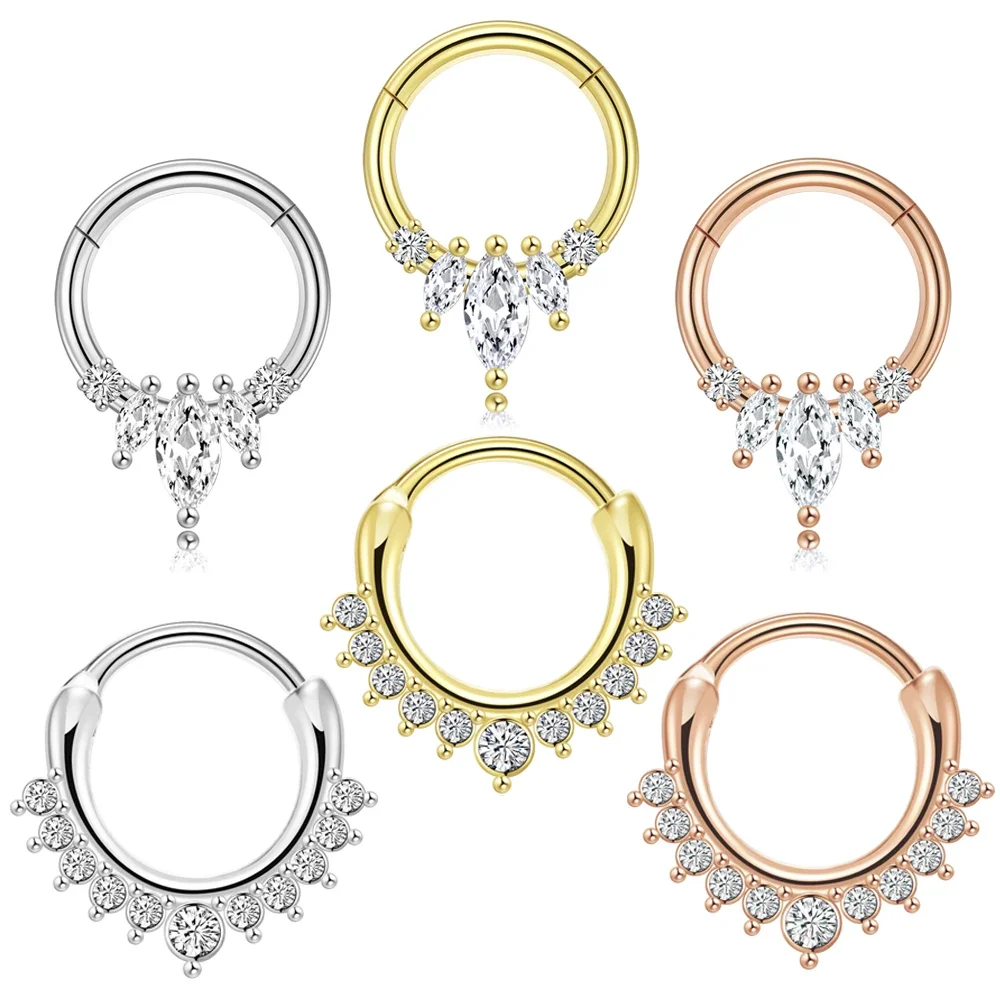 2 pçs 316l aço cirúrgico zircão articulado nariz anel septo clicker daith piercing orelha cartilagem helix hoop flores gotas de água
