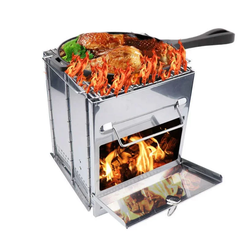 Outdoor camping stainless steel convenient barbecue stove folding square  BBQ Barbecue grill firewood  heating bonfire