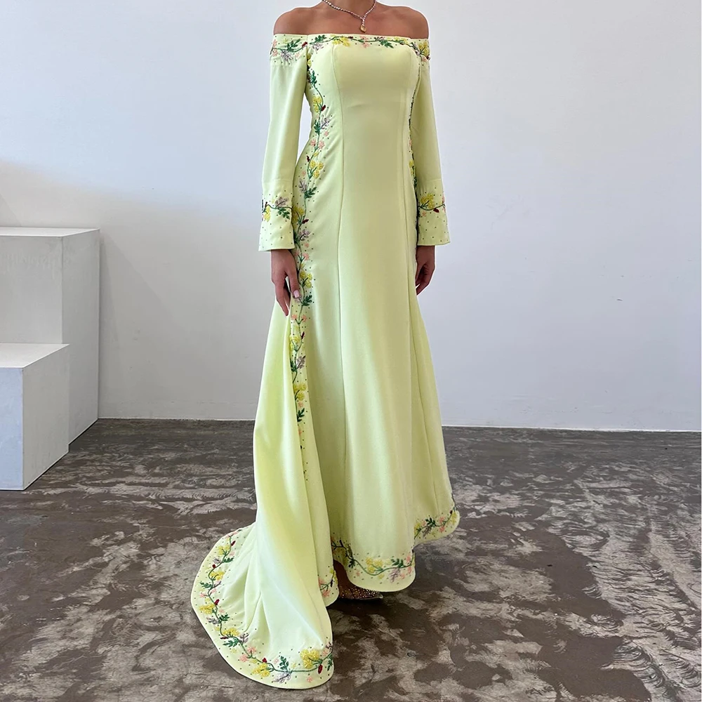 

Customized Mermaid Evening Dresses Floor-length Off The Shoulder Full Sleeve Prom Gown Fashion Flowers Simple Draped Party Gown