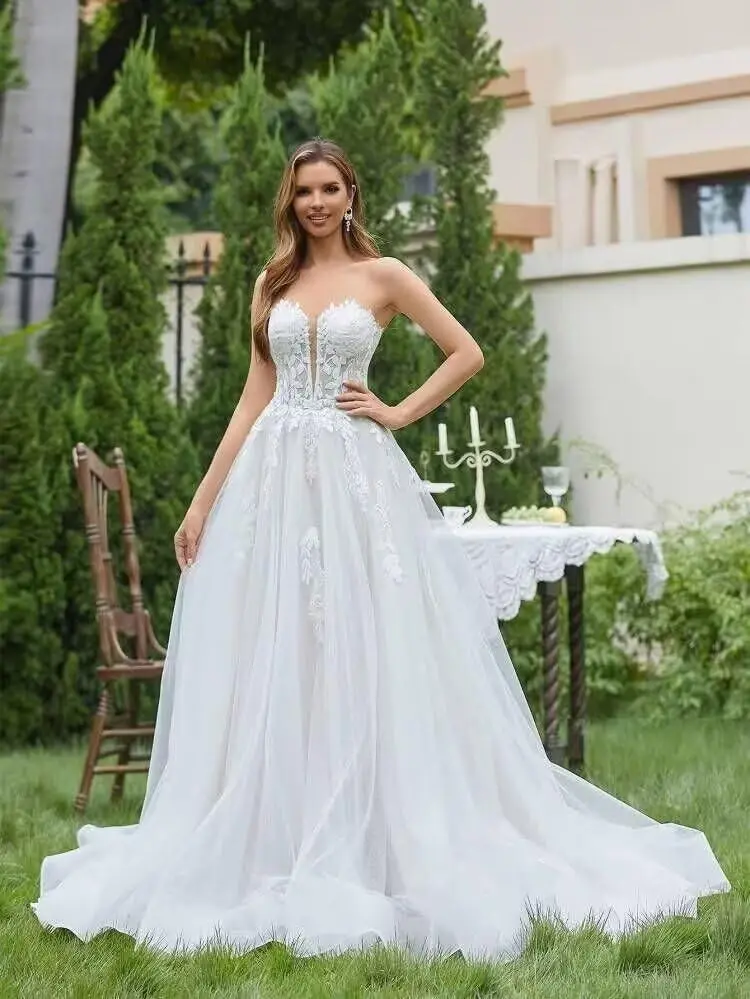 Suknie ślubne bez ramiączek dla panny młodej tiulowa suknia balowa z aplikacjami dla kobiet formalna długa suknia ślubna