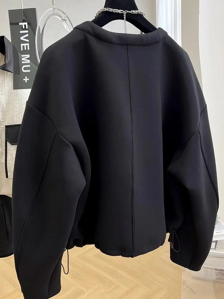 Casaco feminino preto com decote em O, jaqueta casual solta, estilo coreano elegante, roupas chiques, 40-150kg, primavera, outono