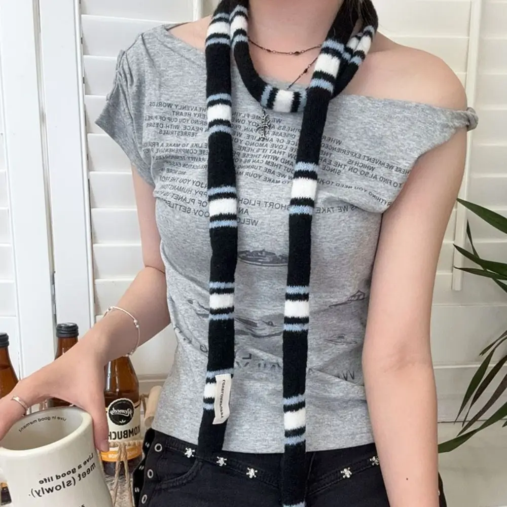 

Korean Knitted Striped Skinny Scarf Soft Warm Decorative Scarf Stackable Wear DIY Neckerchief Women