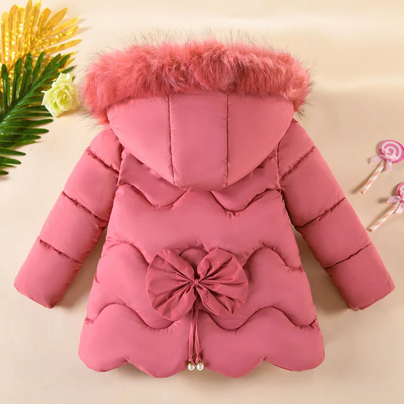 Girls' Winter New Butterfly Embroidery Bow Decal Cartoon Cute and Fashionable Versatile Fur Collar Long Sleeved Cotton Jacket