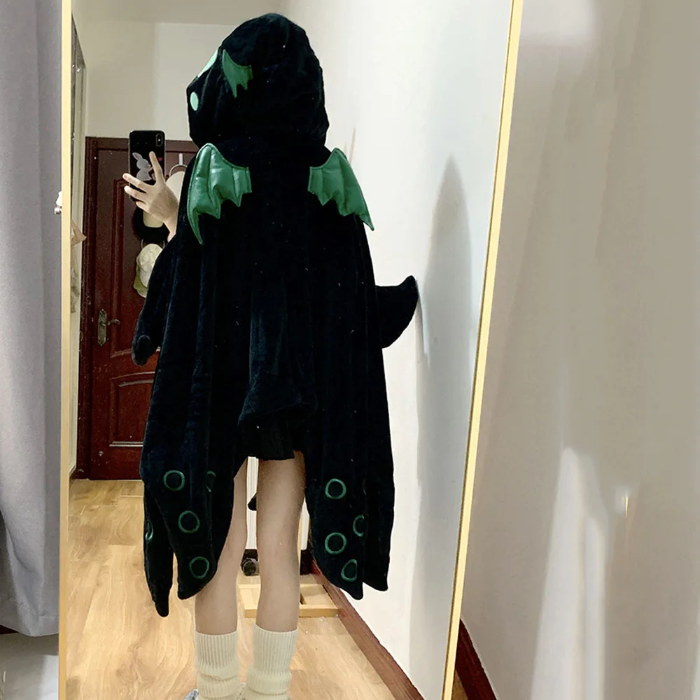 Cute Monster Poncho Women\'s Velvet Hooded Cloak Pajamas Autumn Winter Cartoon Wing Shawl Female Kawaii Plush Black Pajamasr Cape