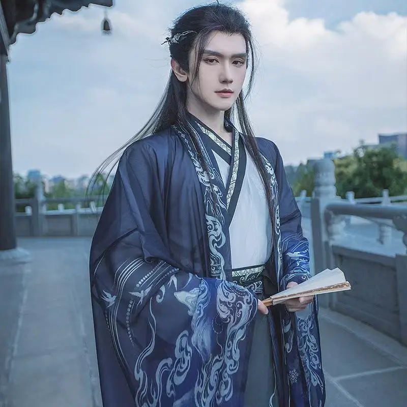 Ancient Fairy Hanfu Dress Set Men's Weijin Period Cross collar Costume Vintage Immortal Swordsman Cosplay Xmas Event Clothing