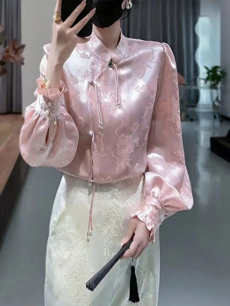 2024 new chinese style women floral tangsuits casual daily blouse cheongsam pink top long sleeve graceful cheongsam blouse