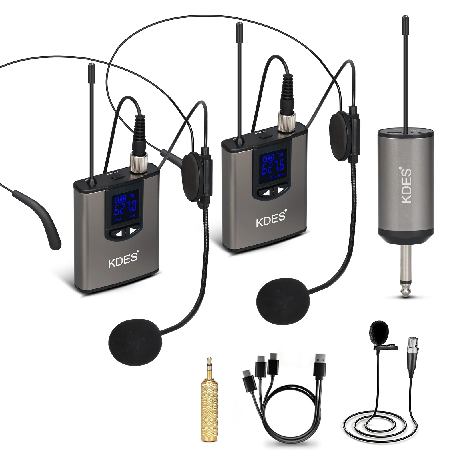 KDES Dual Wireless Microphone System Headset Mic/Stand Mic/Lavalier Lapel Mic with Rechargeable Bodypack Transmitter & Receiver