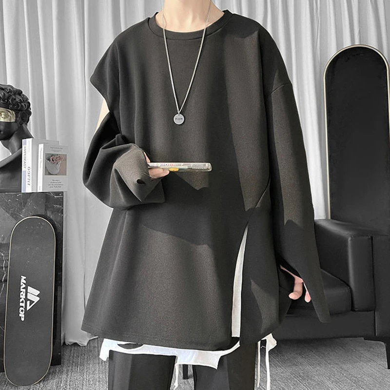 Cold Shoulder Side Slit Solid Unisex Summer Casual Long Sleeve Men Clothes Trendy Fashion Oversized Woman Top Japan Streetwear