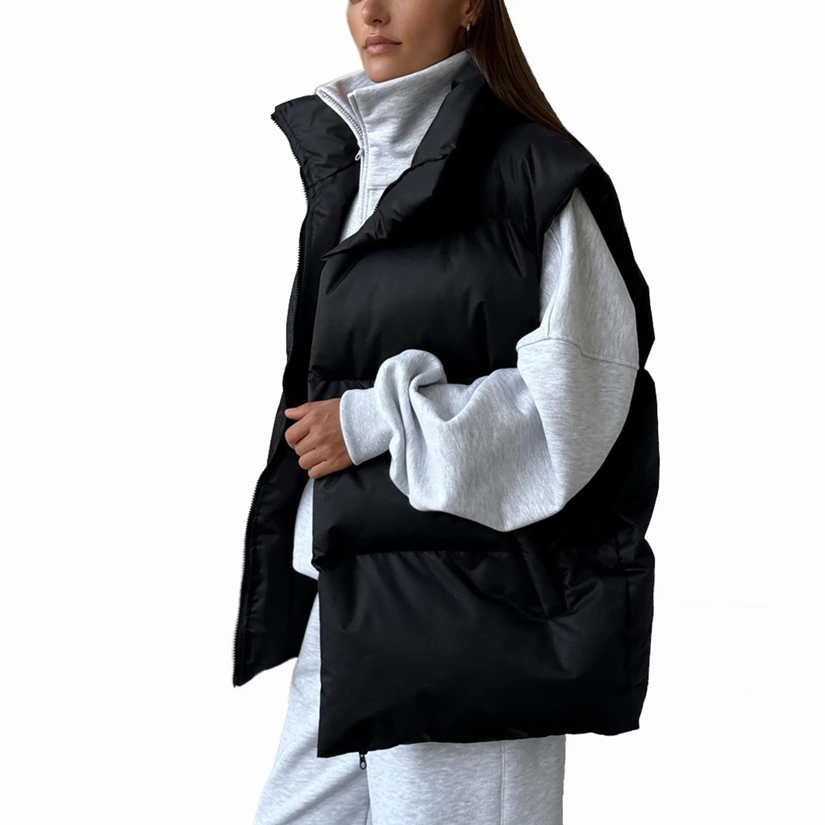 여성용 아우터웨어 캐주얼 조끼 다운 패딩 코튼 퀼팅 슬리브리스 퍼프 루즈 출퇴근용 패딩 겨울 방한 조끼