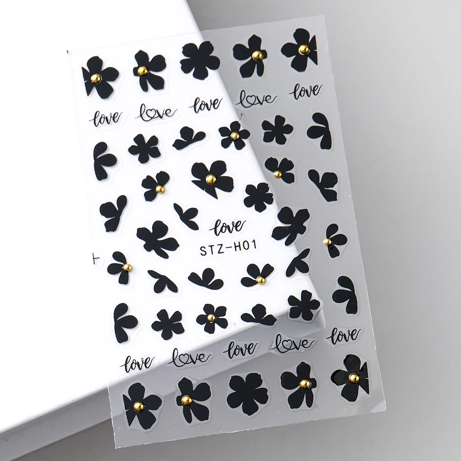 2 pezzi 3D fiore nero adesivi per unghie decalcomanie fiori semplici perline dorate nail art adesivo gel cursori lamina di tatuaggio decorazione manicure