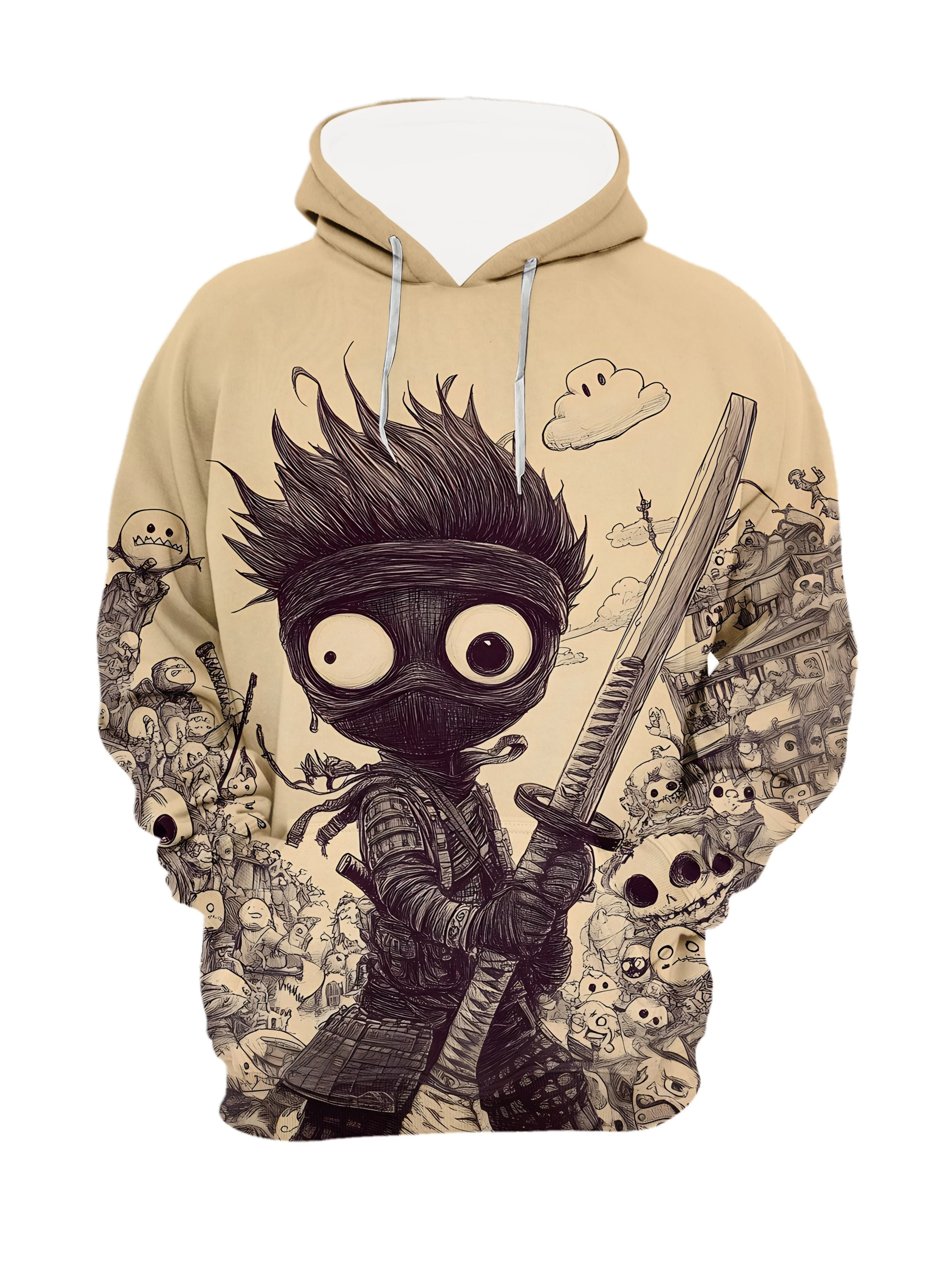 سويت شيرت بغطاء للرأس مطبوع عليه Streetwear Ninja Samurai للرجال، سترة متعددة الاستخدامات بأكمام طويلة لفصل الربيع/الخريف، كاجوال مريح