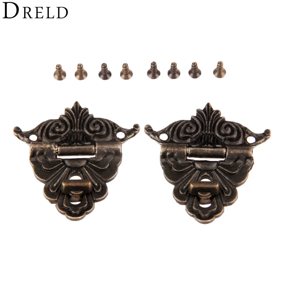 DRELD 2Pcs Antike Bronze Verriegelungen Funiture Hardware Dekorative Schmuck Box Schublade Dekorative Haspe Lock Latch Mit Schrauben 45*48mm