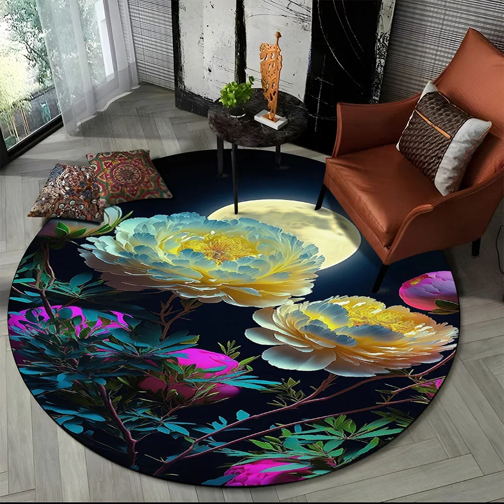 3D Luxury Floral Rose & Daisy Round Rug – Nordic Style Non-Slip Carpet for Living Room Bedroom Kids Playroom