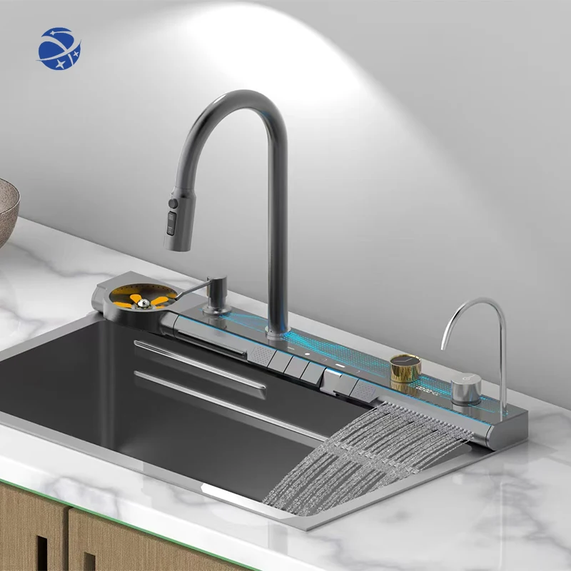 

OEM ODM Rectangular Stainless Steel Handmade Smart Waterfall Multifunction Kitchen Sink Delux