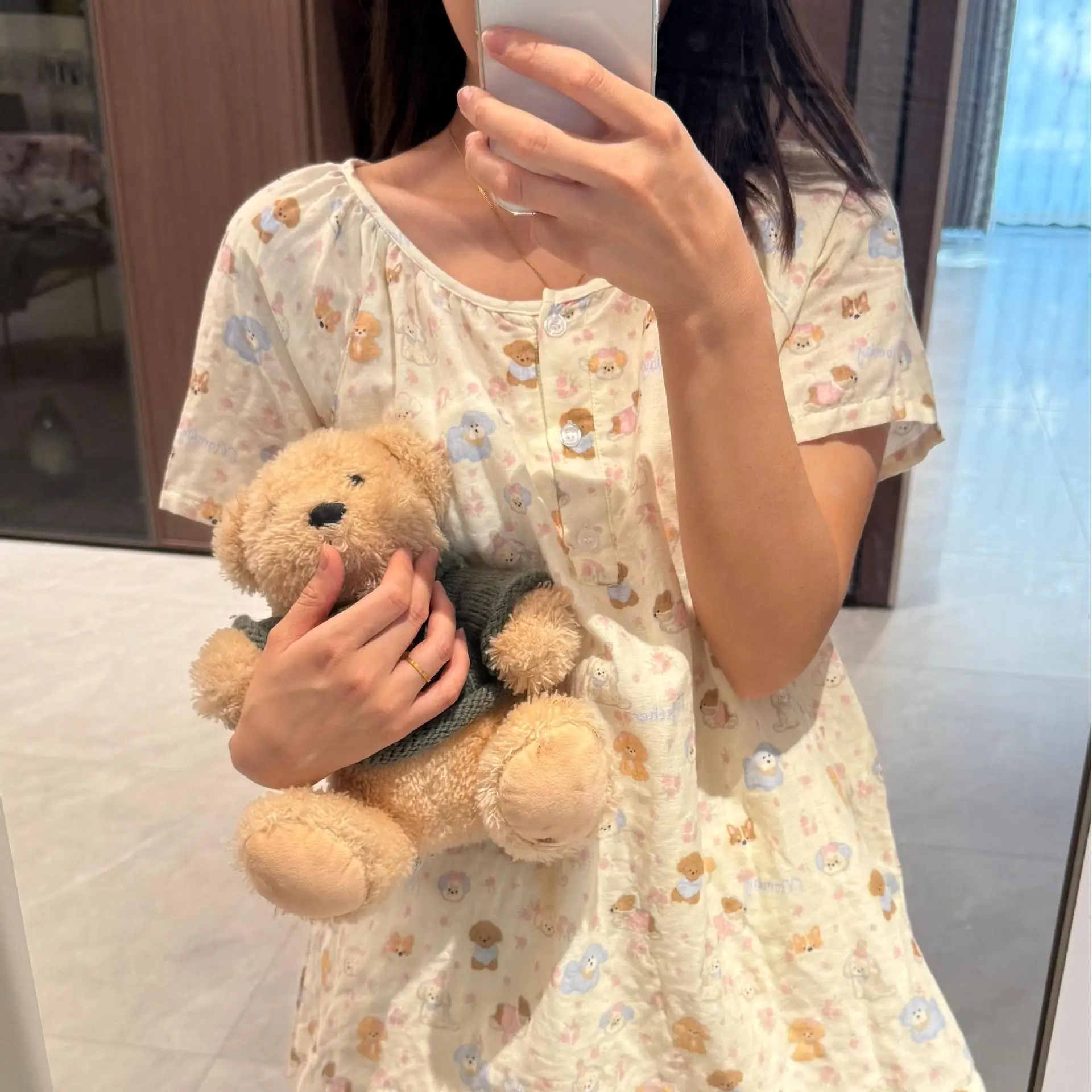 

Girls Cotton Gauze Sleep Dress Cartoon Printed Lounge Wear