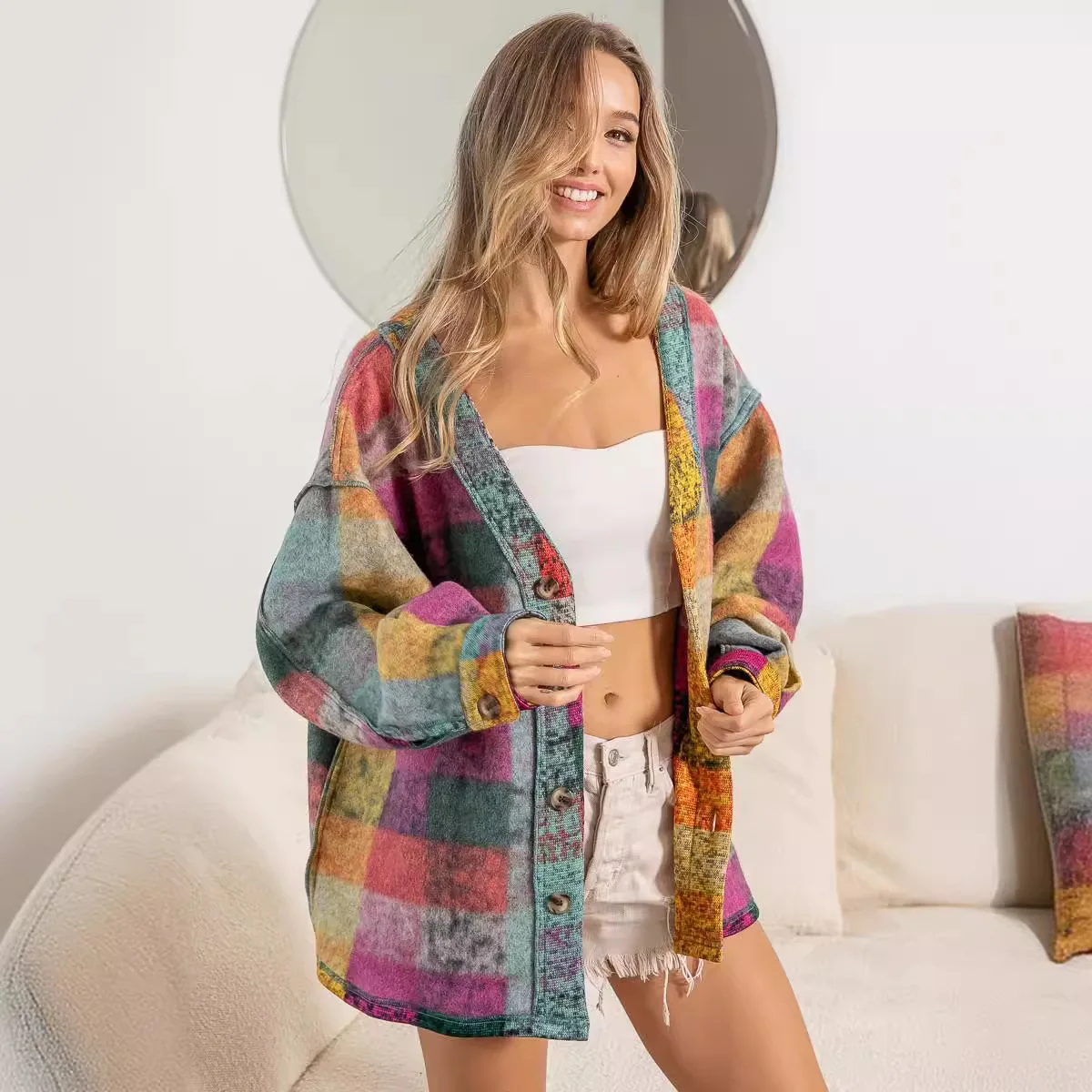 Autumn and Winter Women's Single-breasted Long-sleeved Cardigan Colorful Plaid Coat