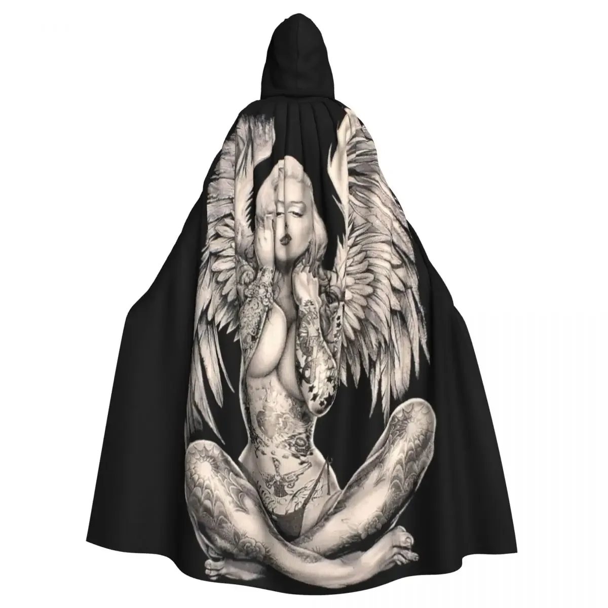 MARILYN - Vintage Abstract Tattooed Angel Print Hooded Cloak Halloween Party Cosplay Woman Men Adult Long Witchcraft Robe Hood