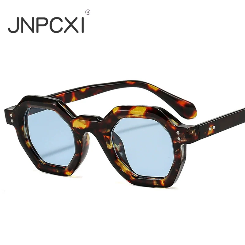

JNPCXI New Fashion Polygon Small Square Women Sunglasses Retro Rivets Men Leopard Blue Shades UV400 Trending Sun Glasses