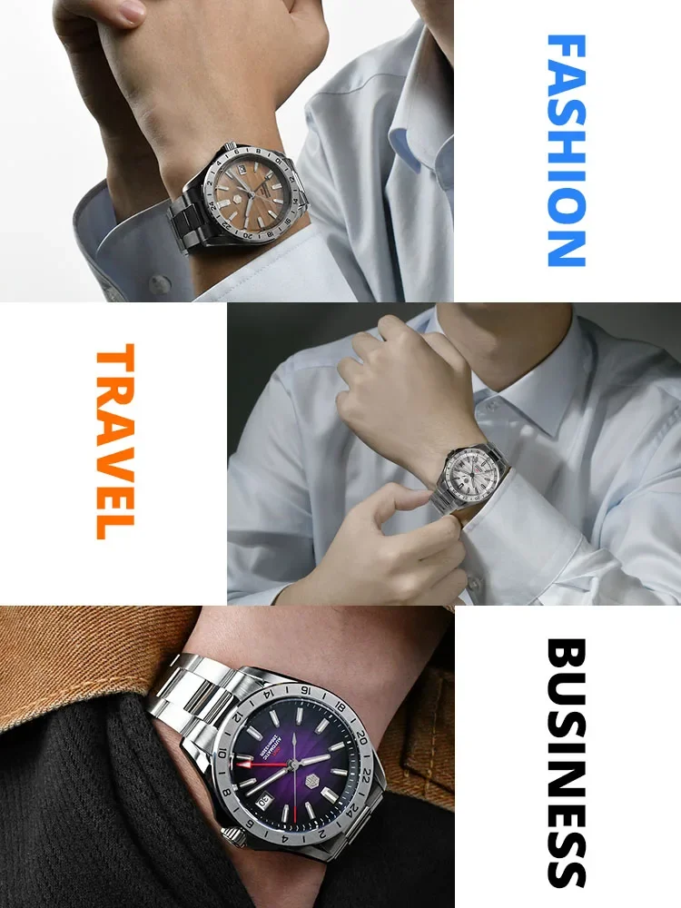 San Martin 남성용 럭셔리 비즈니스 원피스 GMT 시계, 39mm 사막 질감, NH34 자동 기계식 방수, 100m 야광 SN0129, 신제품