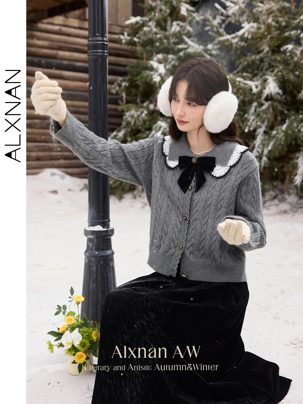 ALXNAN Women Patchwork Cardigan Crochet Doll Collar Long Sleeve Metal Buttons Velvet Bow Sweater Winter Clothing Woman DYL661573