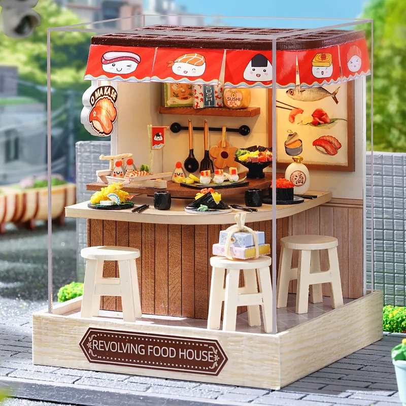 Mini domek dla lalek Zestaw puzzli 3D Ręcznie robiony model montażowy Dekoracja sypialni z osłoną przeciwpyłową Drewniane rękodzieło Zabawki Prezenty