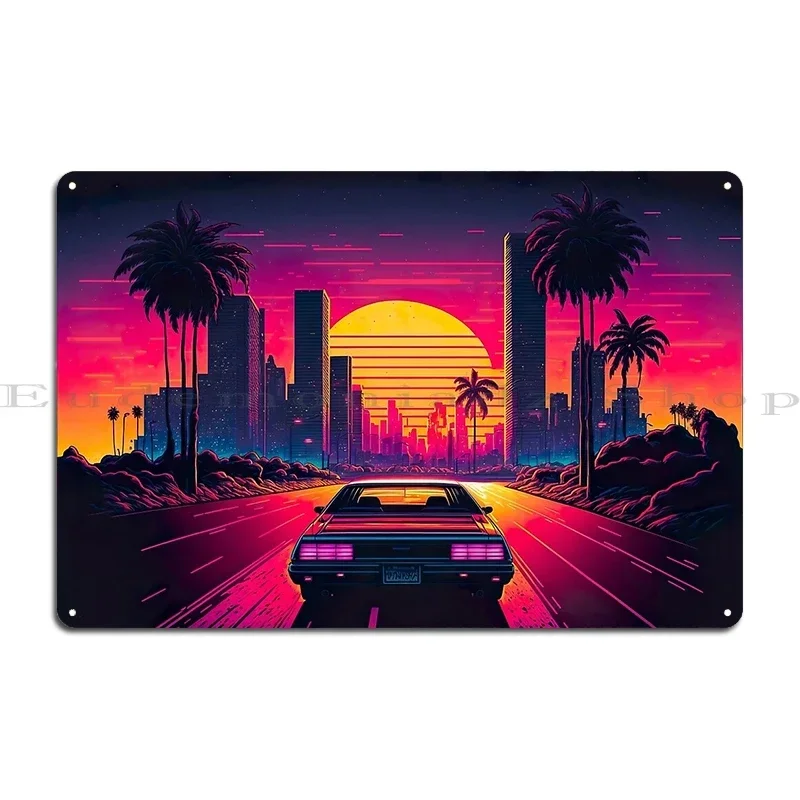 Shoreline Drifter Car Driving Towards Synthwave Sun Through 80s Miami Metal Plaque Printing Customize Tin Sign Poster