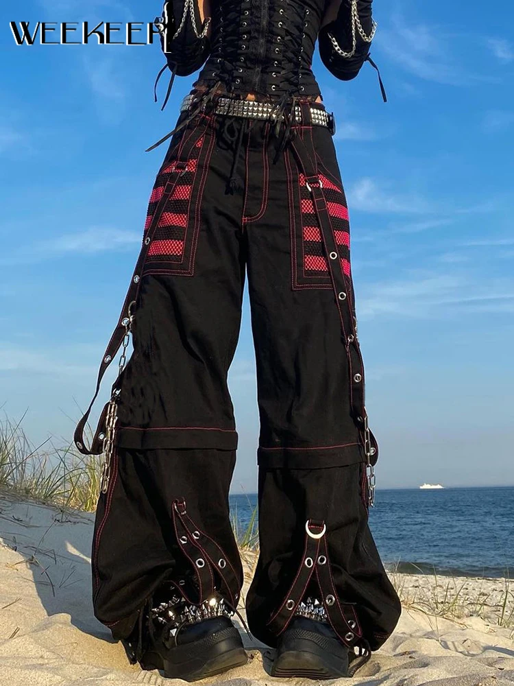 Weekeep Gothic Wide Leg Pants Punk Style Oversized High Waist Y2k Aesthetic Cargo Pants Harajuku Streetwear Basic Women Trousers