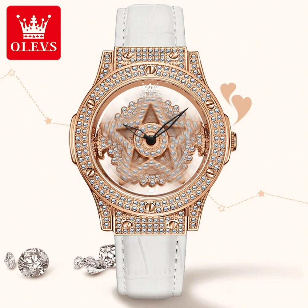 OLEVS Orologio con diamanti da donna Cinturino in pelle traspirante impermeabile Pentacolo femminile Fiocco di neve Ruota il quadrante Orologio al