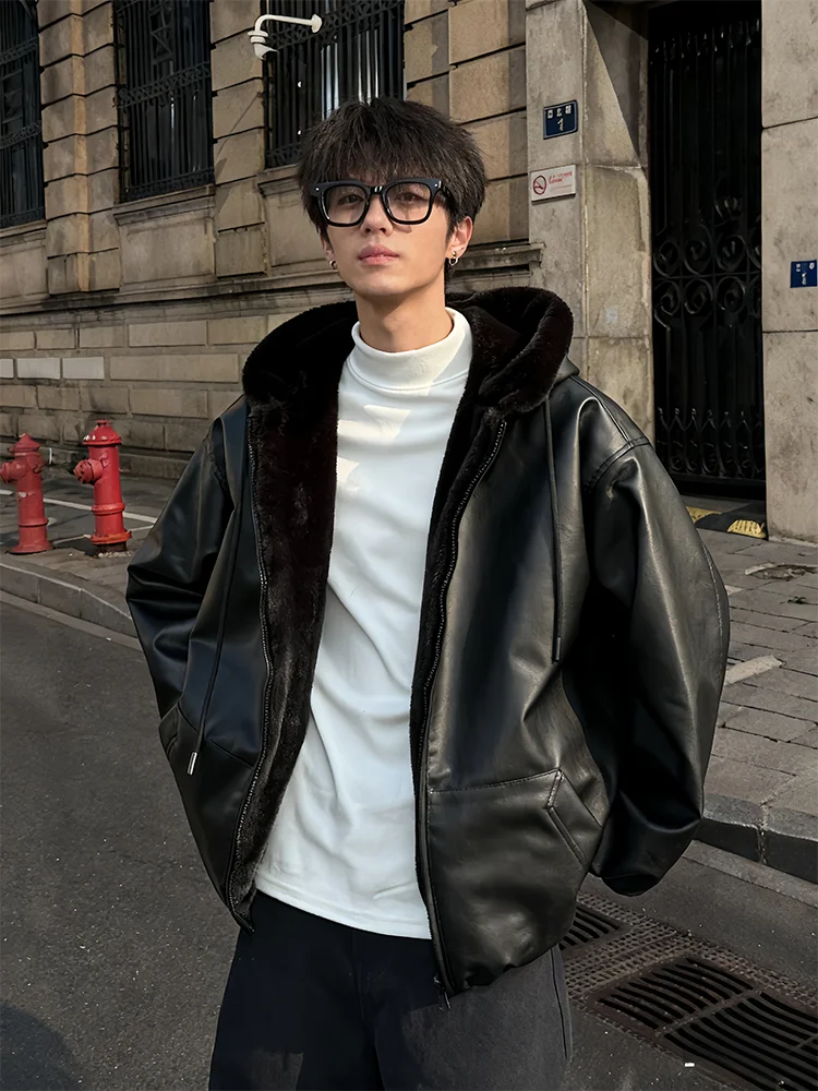 

American Sle Motorcycle PU Leather Fce Lined Thiened Double Sided Wear Flight Jaet Men's Winter Cotton Jaet