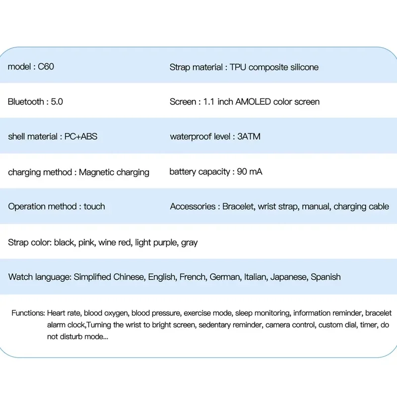 Relógio inteligente 1.1in tela amoled 30m à prova dwaterproof água mensagem lembrete bluetooth pulseira freqüência cardíaca monitor de sono sangue smartwatch