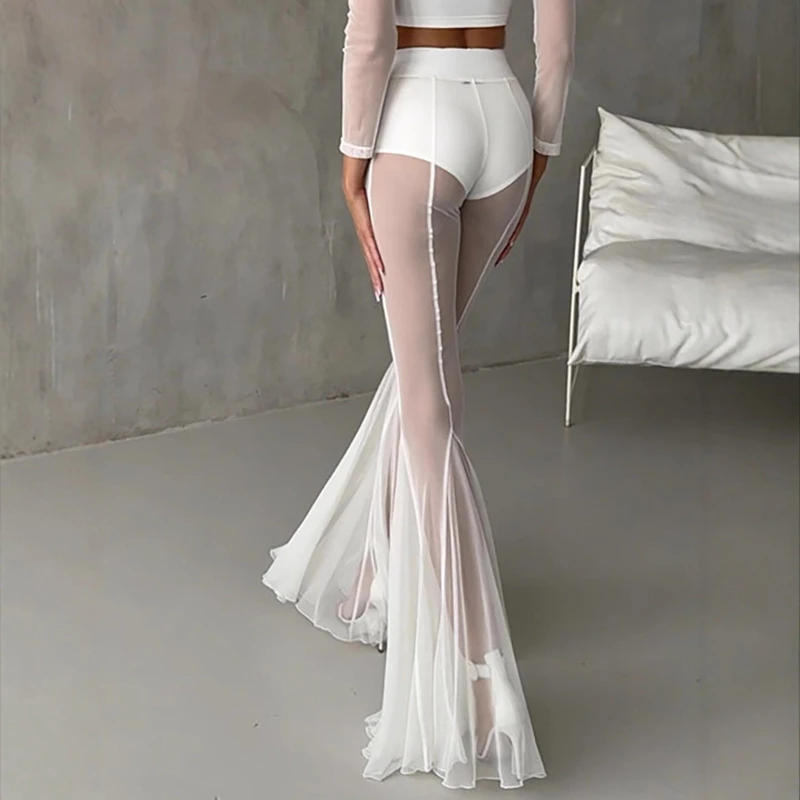 Sexy Transparent Mesh See Through Long Flared Pants Trousers Women Summer Black Elegant Ruffles White Pants Bottoms Ladies - view 4