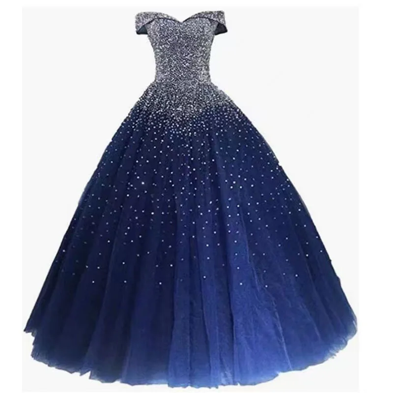 Stock Cheap Navy Blue Quinceanera Dresses Full Crystal Beads Tulle Sweet 16 Ball Gowns Debutante Party Dress Vestidos De 15 Años