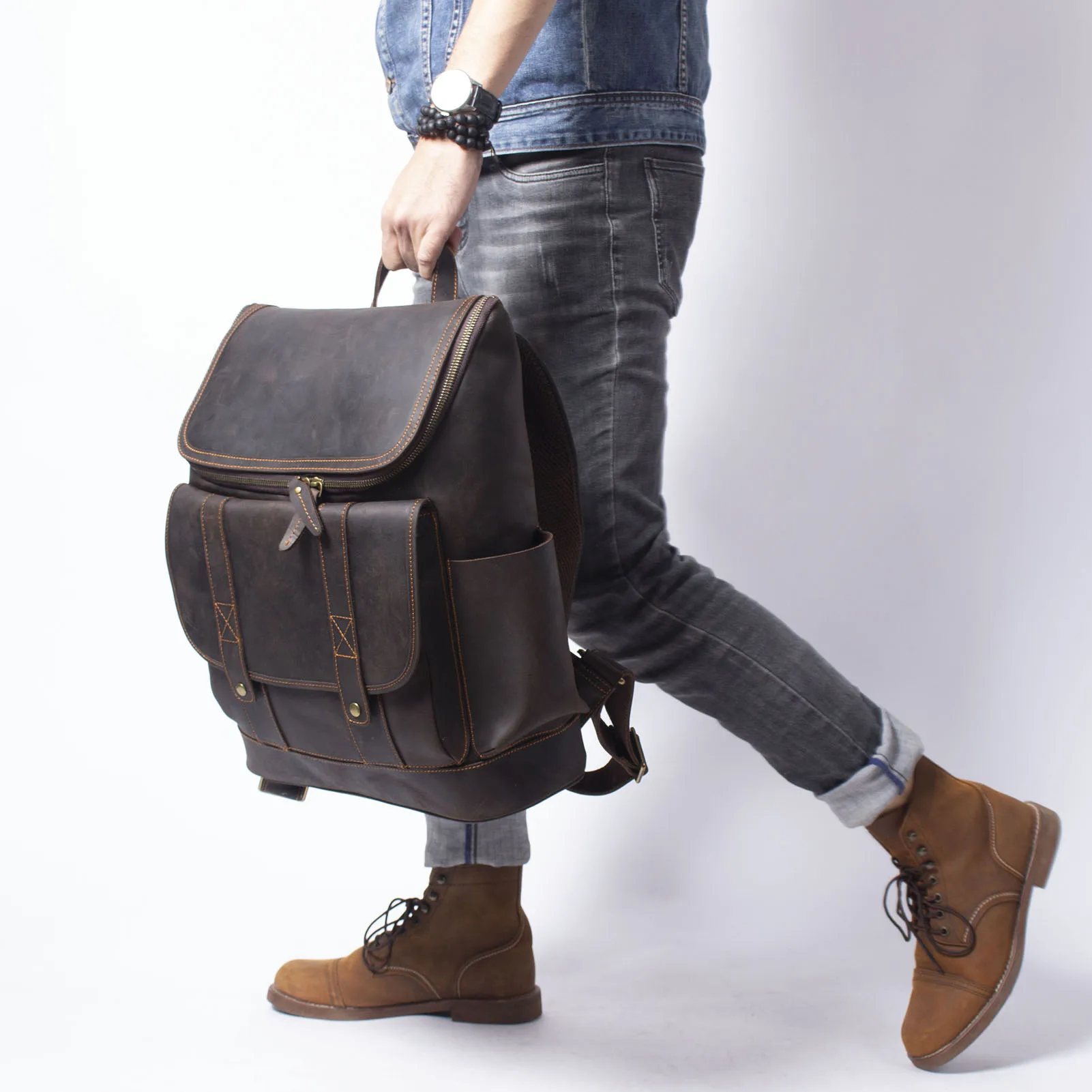 Vintage Echtleder Herrenrucksack Große Kapazität Top-Grain Leder Laptop-Umhängetasche Crazy Horse Tasche Mode für Männer – Detail 5
