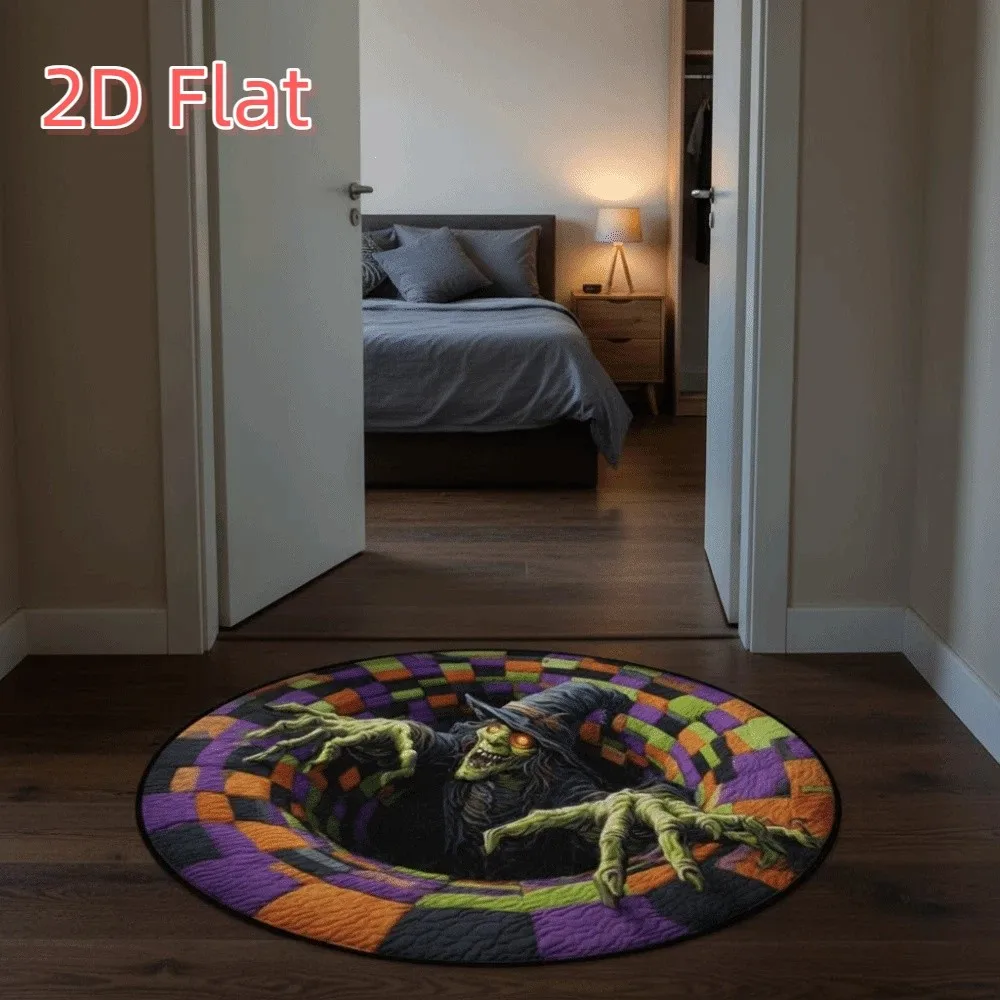 3D Visual Halloween Floor Mat Diatom Mud Round Witch Kitchen Rug Spiral Optical Illusion Non Slip Skeleton Bathroom Mat