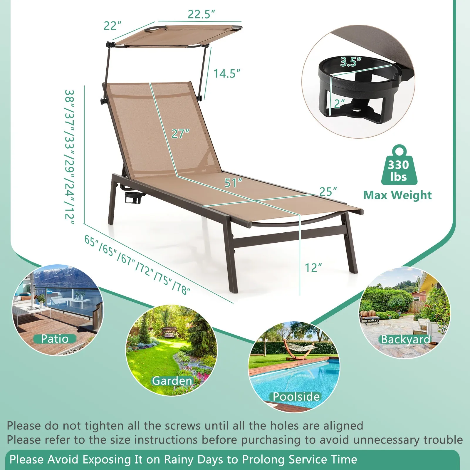 Outdoor Chaise Lounge Chair with Sunshade 6-Level Adjustable Recliner Backyard view 2