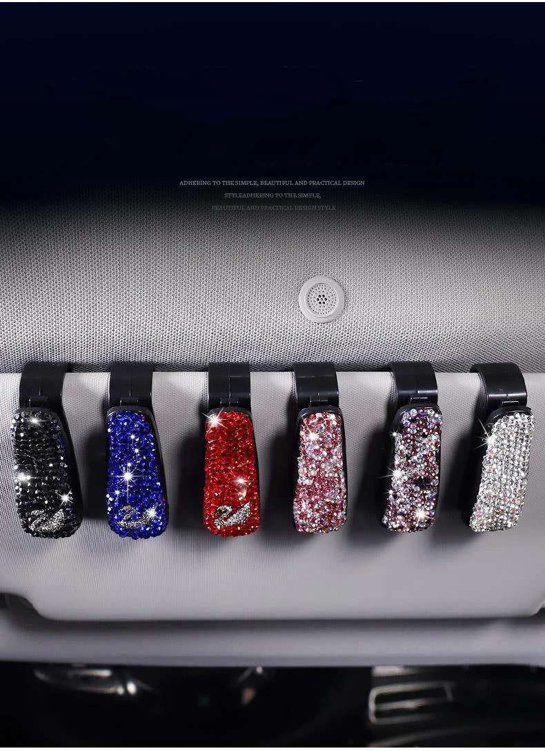 

Car Glasses Clip Multi-function Cute Diamond Inlaid Car Interior Sun Visor Sunglasses Holder Ticket Clip Car Accessories