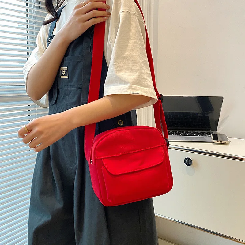 Fashion Women Canvas Shoulder Handbags Korean Solid Color Student Phone Purse Simple Zipper Small Messenger Crossbody Pouch