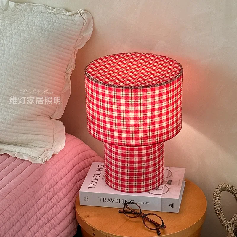 Nordic Red Plaid Desk Lamp Wireless Charging Remote Control Bedside Light for Bedroom Living Room Decor Ambient Night Reading