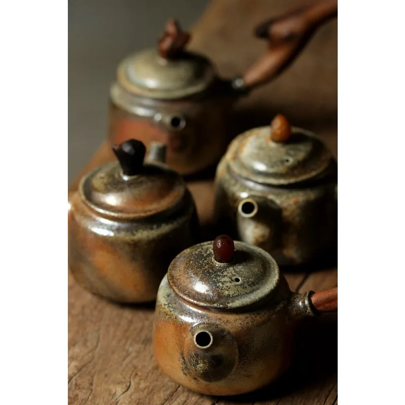 Firewood side handle teapot, purely handmade natural ash ceramic kung fu tea set agate solid wood creative single pot
