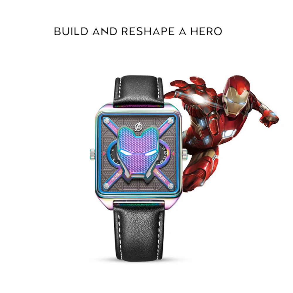 Iron Man Fashion Cool Glow-In-The-Dark Watch Middle High School Waterproof Leather Square Sports Quartz Watch Men Holiday Gift