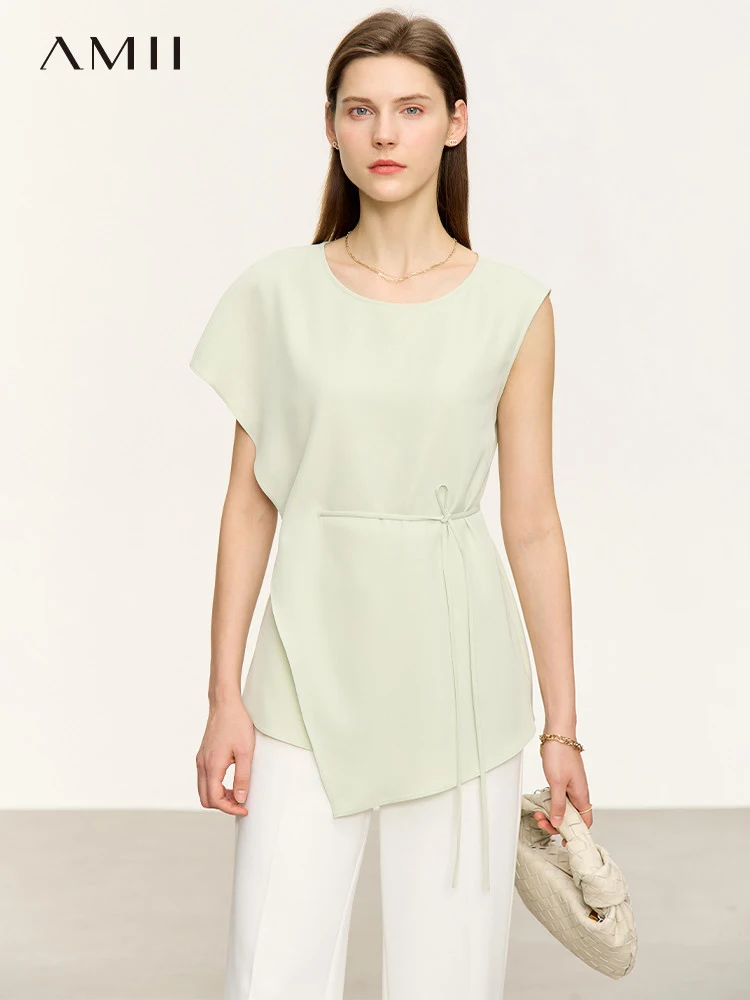 

MII Minimalism French Chiffon Shirts & Blouses 2023 Summer New O Neck Asymmetrical Versatile with Belt Women Clothing 12342585