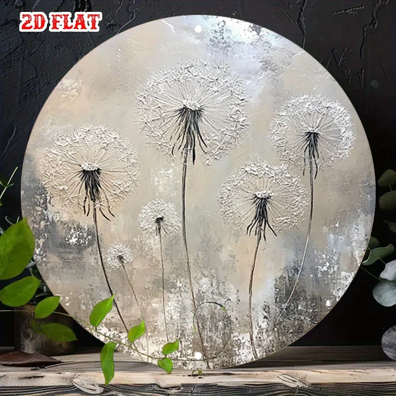 2D Flat, 2D Flat - A Vintage Metal Sign with a 2D Flat Design Showcasing a Round Image of Intricate Black And White Dandelions.