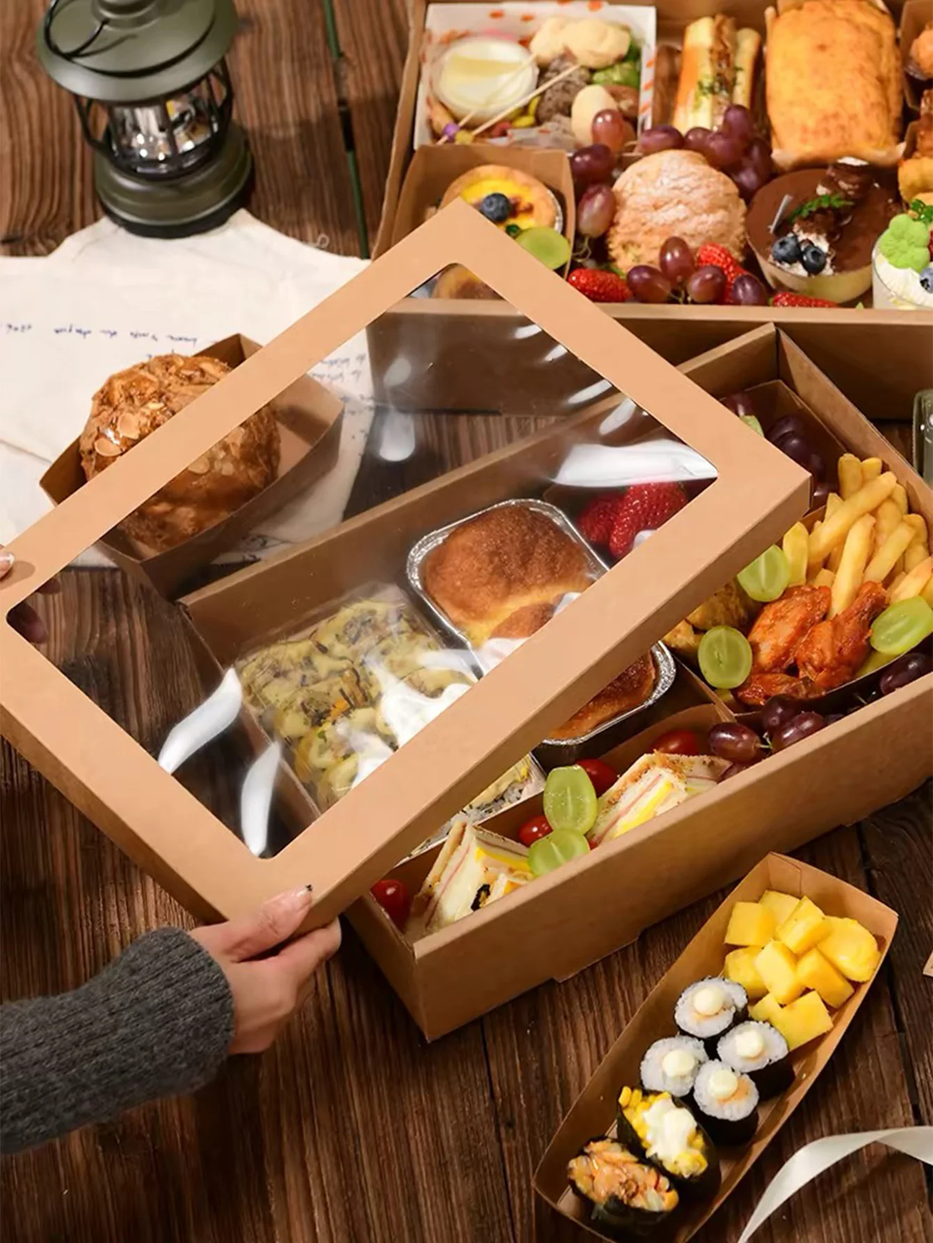 1pcs picnic box with lid outdoor camping style kraft paper packaging box, baked light food fruit dessert lunch box