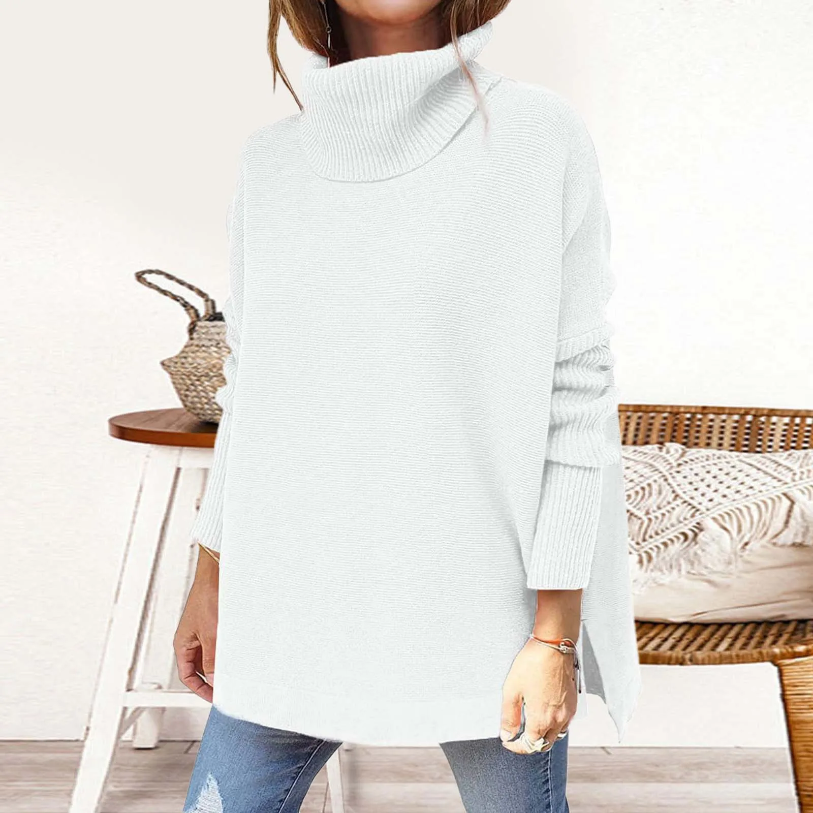 2024 Autumn Cross-border High Collar Sweater Medium-length Batwing Sleeve Waist-tied Pullover Knitted Women's Hooded Sweater