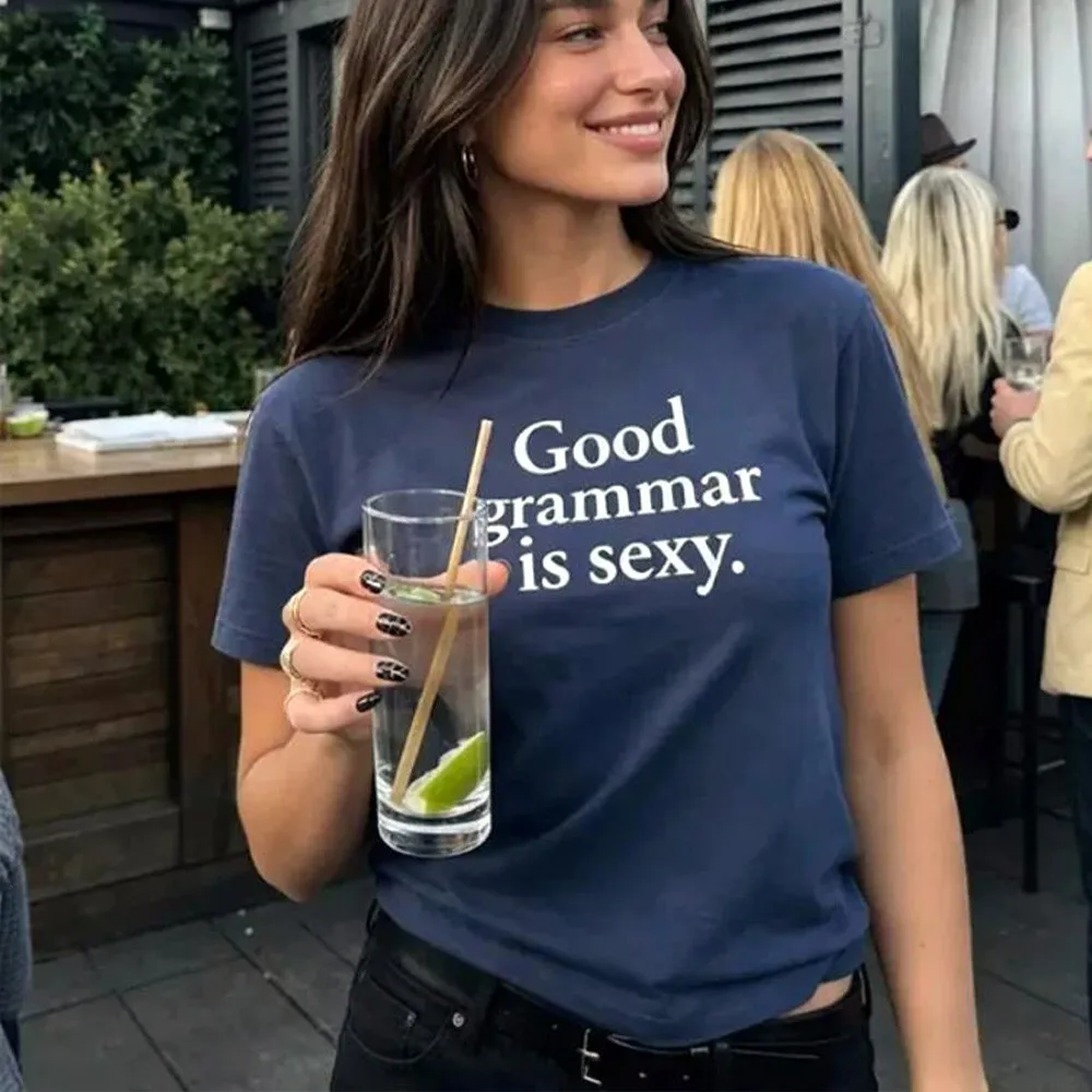 Good Grammar is Sexy Letters Printing Women Navy Short Sleeve T Shirts Summer Loose Casual Tops Crewneck Cotton Simple Tees