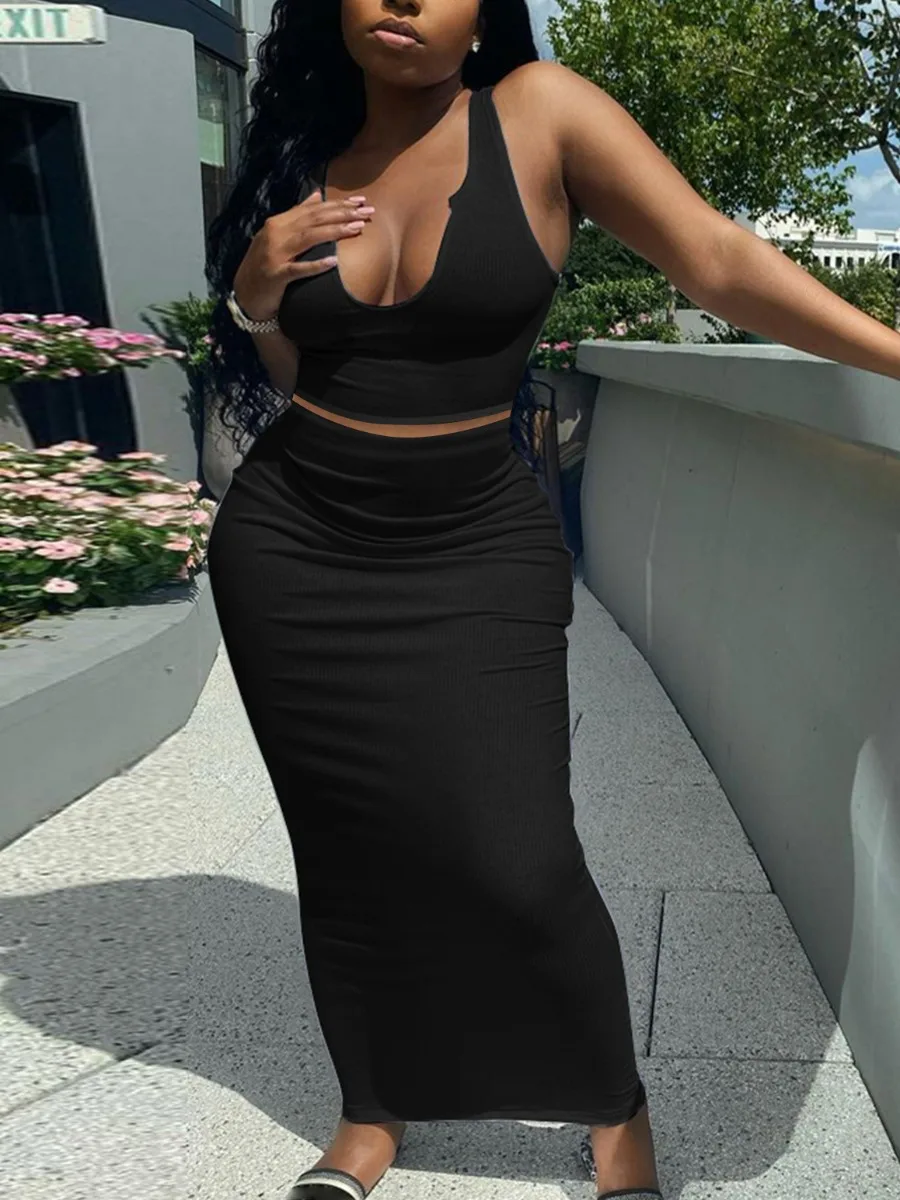 LW U Neck Tank Crop Top Bodycon Skirt Set Casual Sleeveless Tops +Midi Skirt Set Suits Summer Plain Two Pieces Outfit for Women