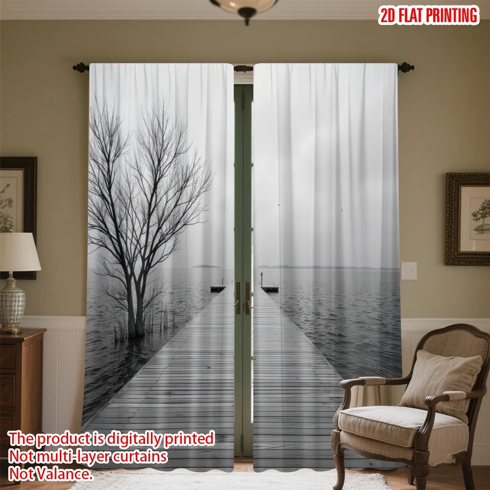 

2D flat printing 2pcs Curtains Calm Pier Over Water Digital Printed Polyester Drapes Festive Holiday Use for Indoor Outdoor Use