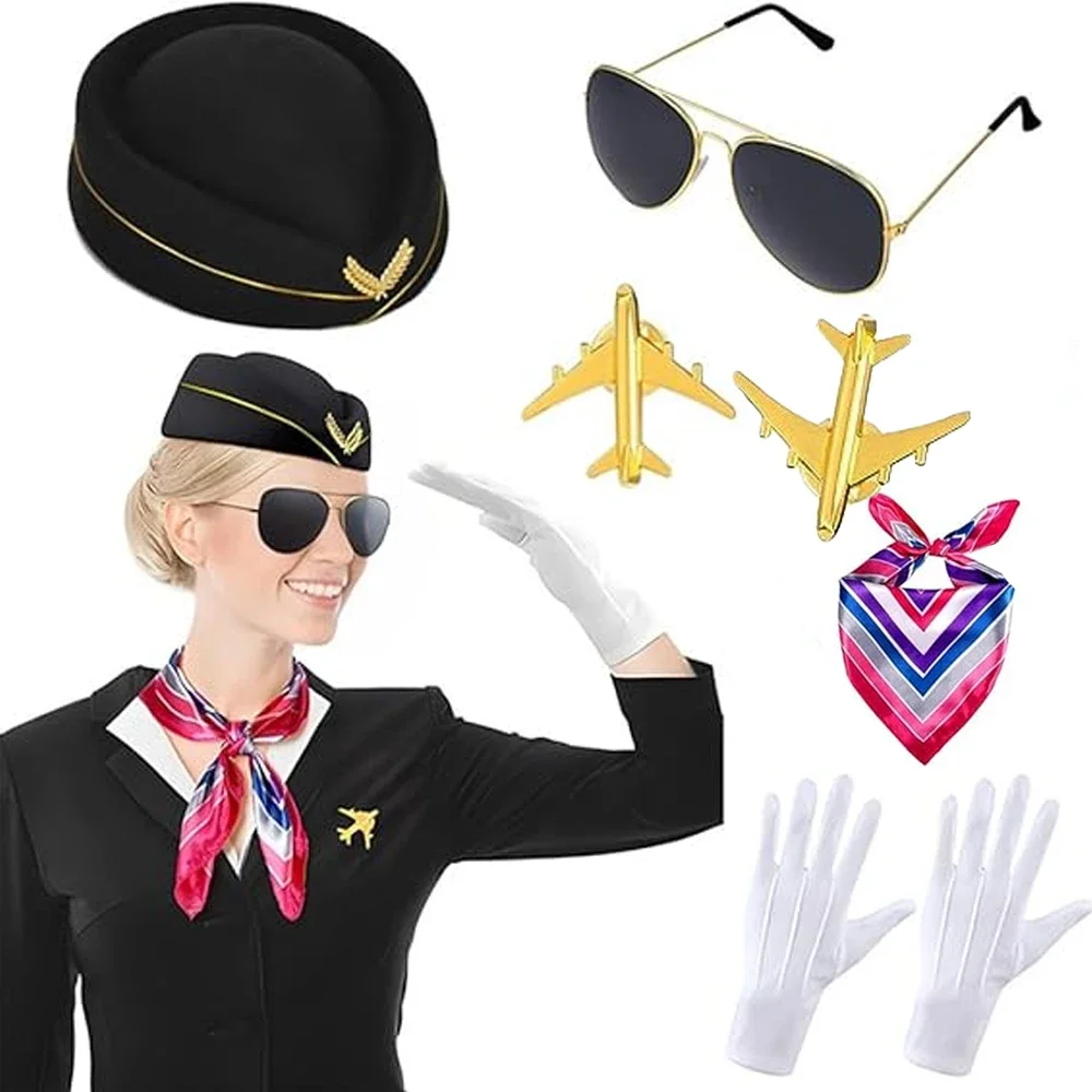 Accesorios de ropa de azafata para mujer, disfraz de azafata, sombrero, gafas de sol, bufanda, guantes