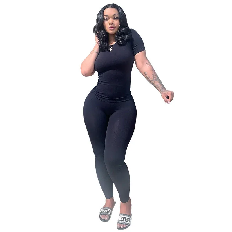 

Wholesale Women's Ribbed Knit Tshirt and Shorts Lounge Wear Ladies Two Piece Outfits Set Women Clothing Sports Casual Suit