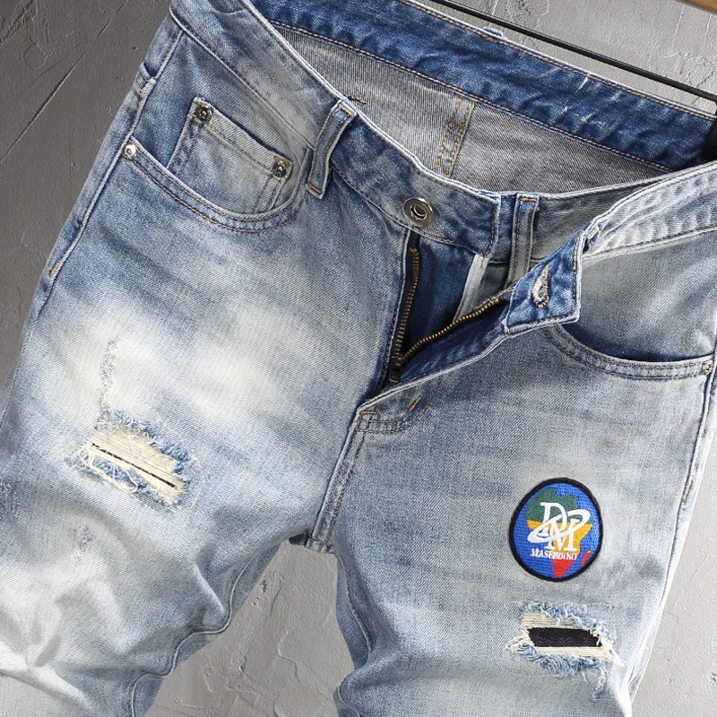 High Street Fashion Men Jeans Retro Light Blue Elastic Stretch Skinny Ripped Jeans Men Patch Designer Hip Hop Denim Pants Hombre